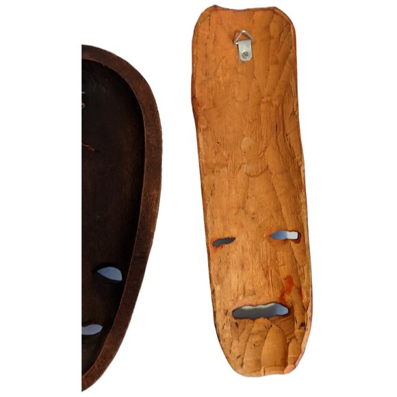 Vintage Set of 2 Small Hand Carved Wooden Masks Signed Folk African Wall Art 10" - Picture 4 of 4